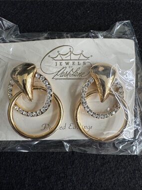 VTG Park Lane 80s Gold Door Knocker Rhinestone Hoop Earrings NOS NIP